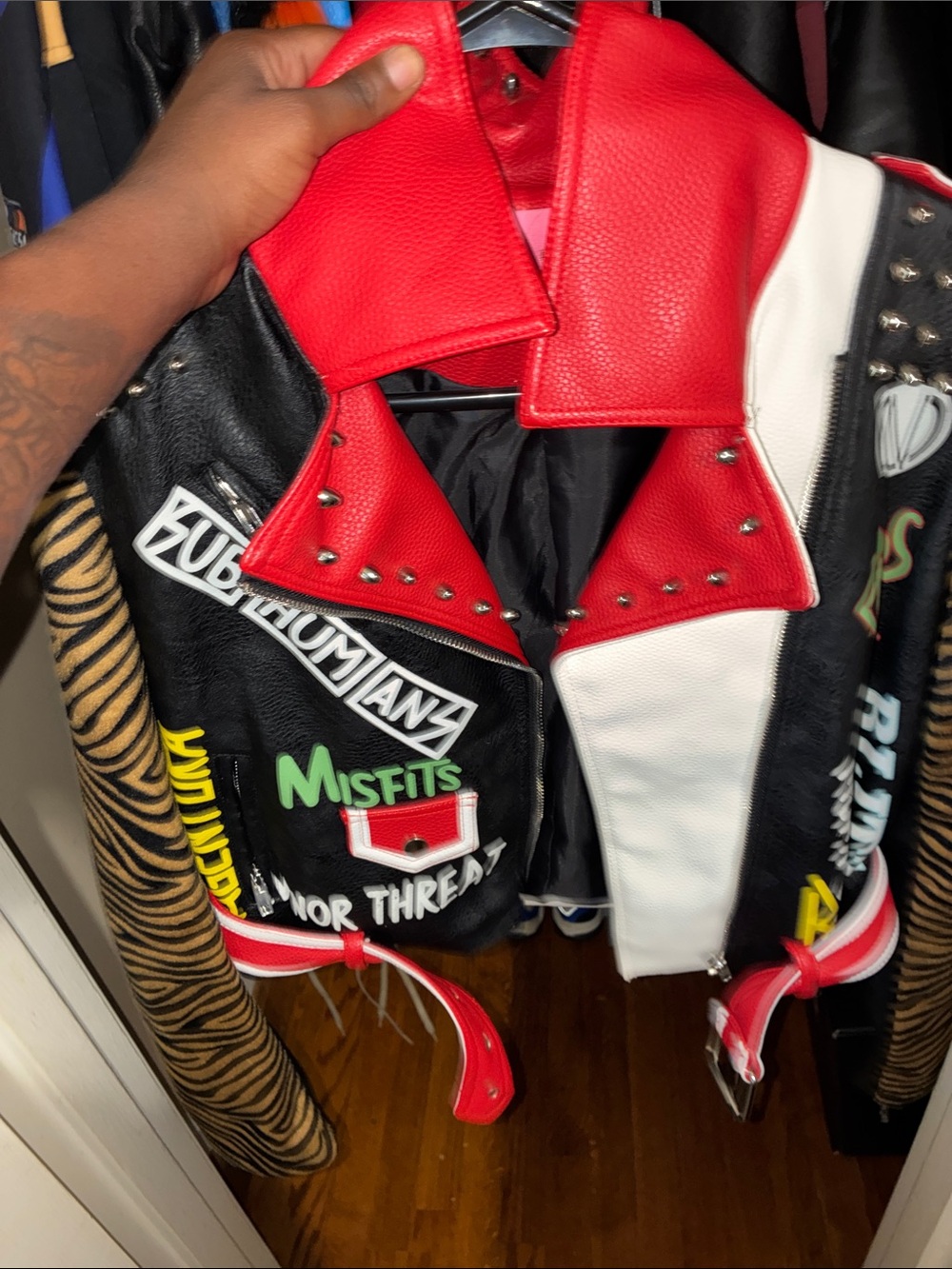 Red, Black & White Patchwork Studded Leather Moto Jacket